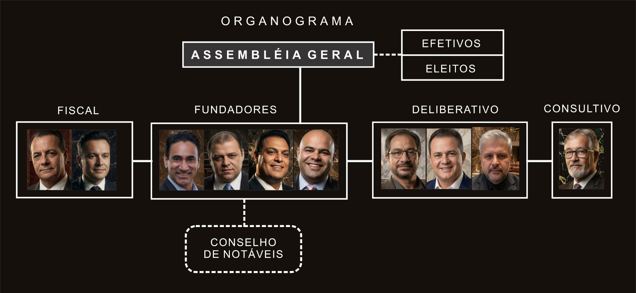 Organograma do Instituto Universo Sertanejo: Assembleia Geral, fundadores, efetivos, eleitos, conselho de notáveis, consultivo, deliberativo e fiscal.
